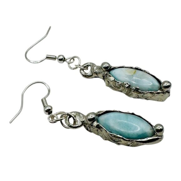 Larimar Dainty Earrings Encased In Boho Artisan Silver Bezels With 925 Hooks - Picture 10 of 13